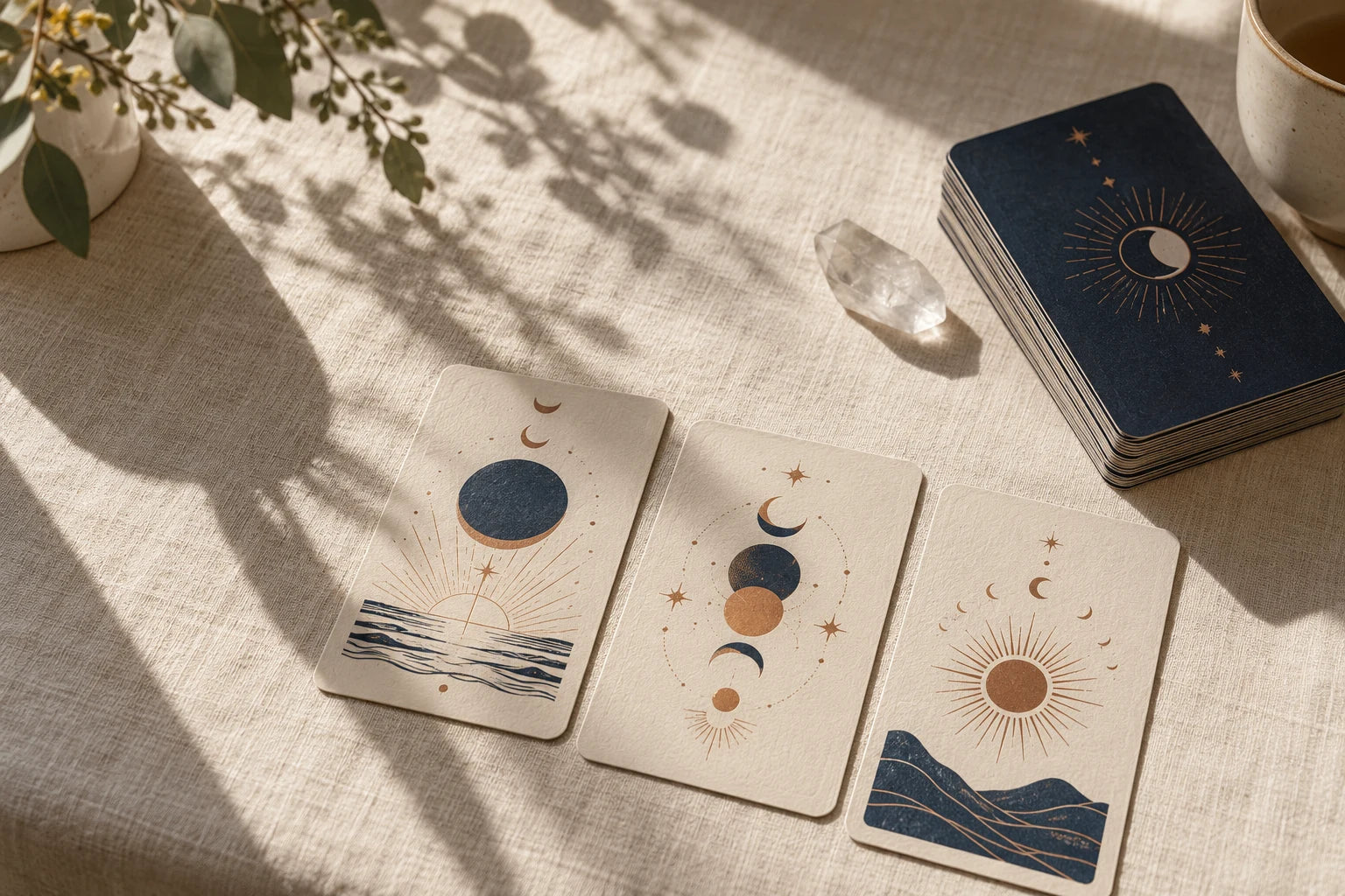 Celestial cards and a quartz crystal on a softly lit linen table